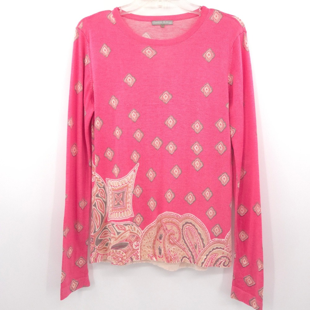 Charlotte Kellogg Sweater‎ Women S Pink Silk Wool Cashmere Paisley Print